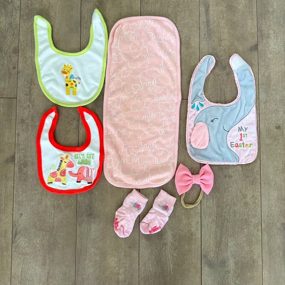 Vintage bibs + burp cloth, socks, hair baby girl accessories